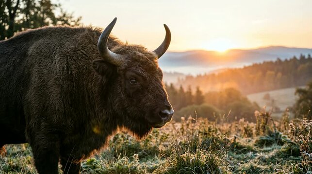 aurochs close up in european forest poland morning sunrise light video