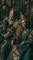 Obraz premium Europe medieval lifestyle. A detailed, regal portrait of a man and a woman seated on ornate throne. The man, with a long white beard and a furlined cloak, wears a crown with intricate designs.