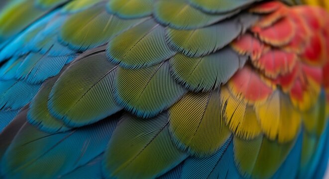 Vibrant colorful bird feathers in shades of blue, green, yellow, and red