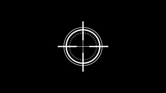 aim or target icon with Black screen Sniper Scope Crosshair Animation Overlay with Rotating HUD Target Reticle and Circular UI Elements in Transparent Background for Video Editing, FPS Gaming Effects