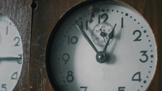 Close-up of a vintage wooden chess clock with two dials and ticking hands. The mechanical movement marks the passage of game time and creates strategic urgency.