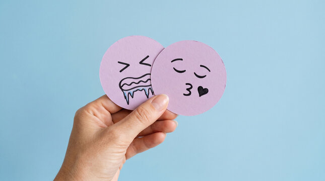 Person holding two round purple paper cards with hand drawn emoji faces on a light blue background