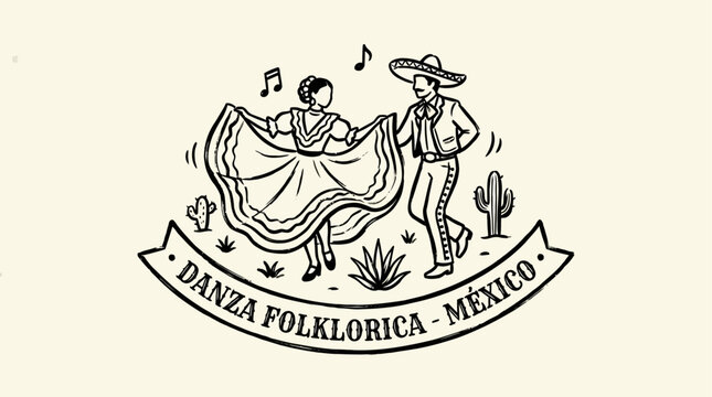 Minimalist black vintage logo depicting a traditional Mexican couple dancing folklore ballet, elegant silhouette icon for cultural heritage and festival celebration on white background.
