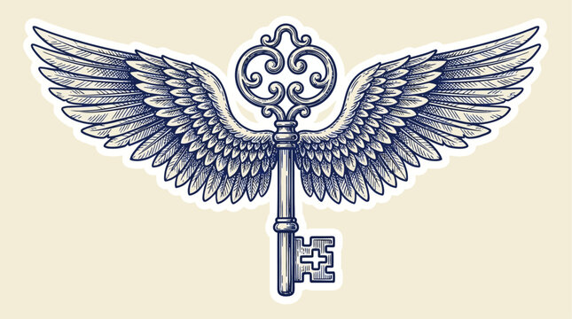 Vintage engraving of a winged skeleton key illustration, antique heraldic emblem logo vector for retro print designs, ornate metallic object isolated on white background for symbolic flight.