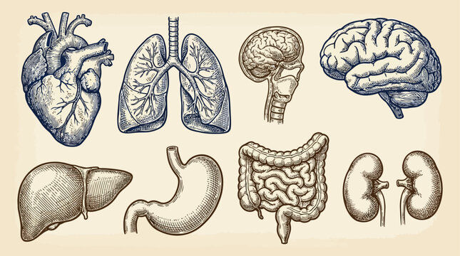Vintage anatomical engraving showing internal human body organ system including heart lung liver and digestive tract, classical medical scientific illustration in retro etched vector style.