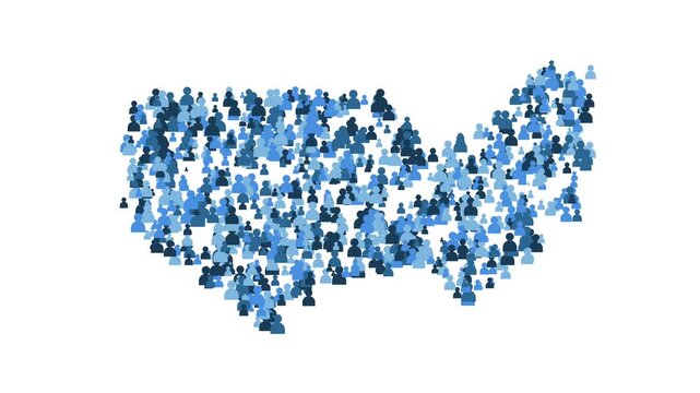 USA map formed by blue human icons animation