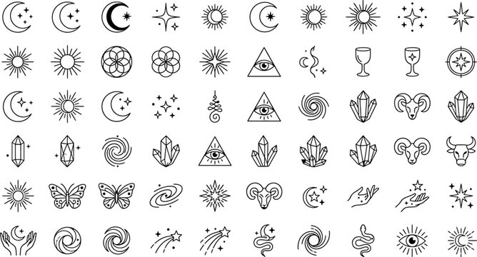 Set of esoteric and mystical symbols, celestial bodies, crystals, and zodiac signs, vector illustration isolated on white background