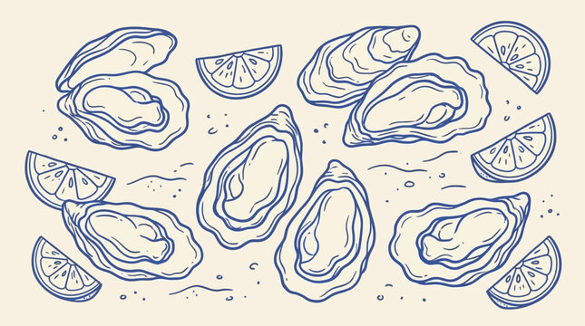 Hand-drawn naive doodle of fresh oysters on half shells served with a bright yellow lemon slice, simple minimalist vector line art illustration for seafood menu and culinary design.