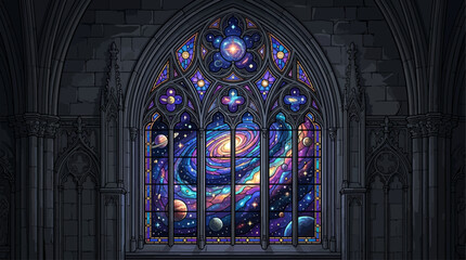 Mystical Gothic Cathedral Window with Vibrant Stained Glass Depicting a Cosmic Galaxy and Celestial Planets © Simon