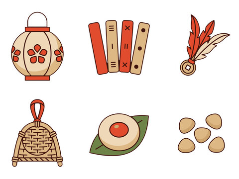 Cottagecore Korean Traditional Festive & Celebration Bundle&mdash;Hanji Lantern, Yut Nori Sticks, Jegi Shuttlecock, Bokjori Sieve, Tteok Rice Cake, Gonggi Stones. Vector Illustration. Korea Edition.