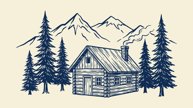 Rustic wooden cabin and towering coniferous pine trees in a classic vintage engraving style, set against majestic mountain peaks, hand-drawn retro vector illustration of alpine wilderness.