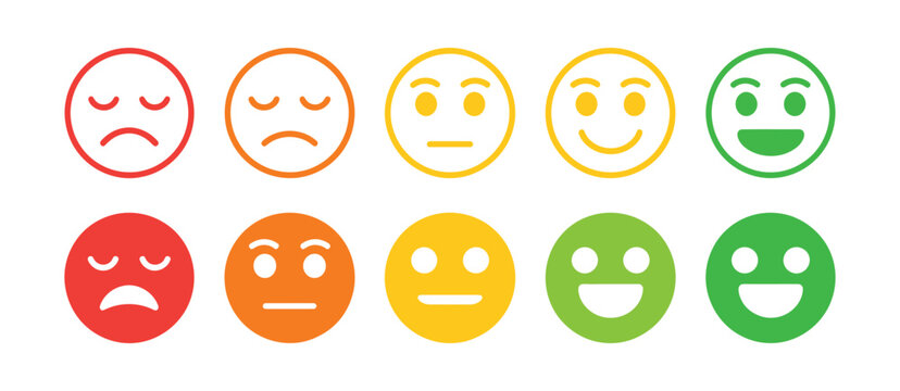 Satisfaction rating expression vector set featuring face emotes and symbols for feedback, customer experience, and rating scale illustration.