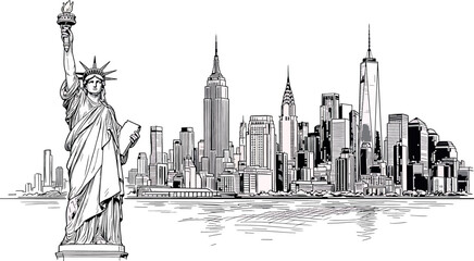 New york city skyline with statue of liberty, hand drawn vector illustration © SampaRani