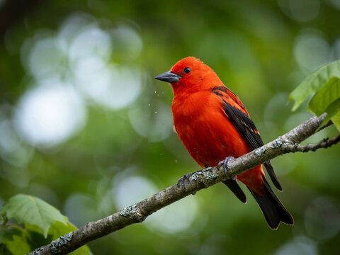 Scarlet Tanager bird with red plumage on a branch in green folia