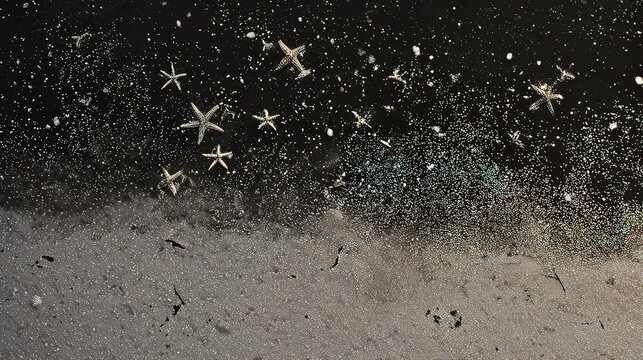 A constellation of dying starfish transforming into glowing marine snow particles in the deep ocean.
