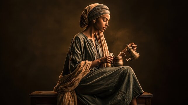 Europe medieval lifestyle. A portrait of a woman seated on a wooden bench, wearing a flowing green dress and a beige shawl wrapped around her head. She holds a copper teapot in her right hand.