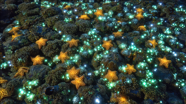 A constellation of dying starfish transforming into glowing marine snow particles in the deep ocean.
