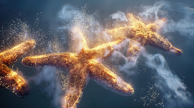 A constellation of dying starfish transforming into glowing marine snow particles in the deep ocean.

