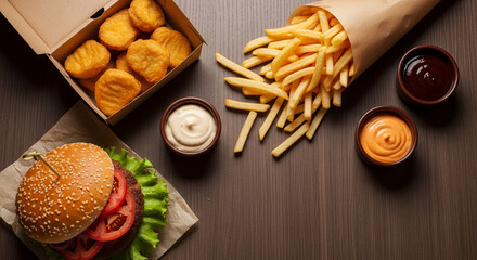 Fototapeta premium A burger, fries, nuggets and dipping sauces laid out on a dark wooden surface, symbolizing a fast-food meal or takeout, perfect for culinary or casual dining themes