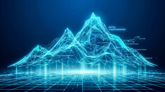Glowing blue wireframe mountain landscape abstract digital technology background futuristic data transformation concept network connection modern cyber space graphic design