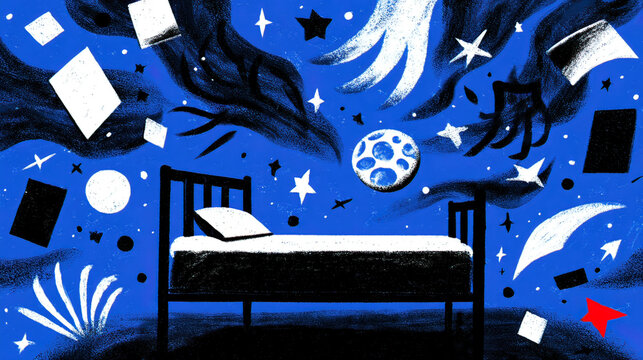 Moonlit bedroom fragmented with floating dream symbols above a restless sleeper.

