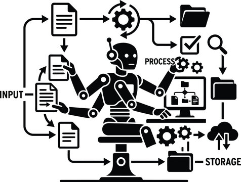 Robotic process automation RPA concept vector illustration with robot managing data workflow.