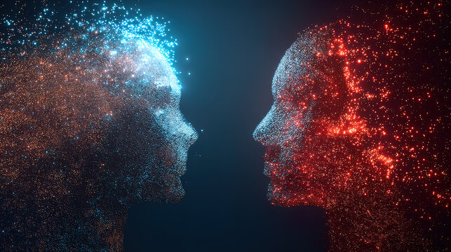 Abstract magnetic forces between two silhouettes, with glowing particles showing attraction.