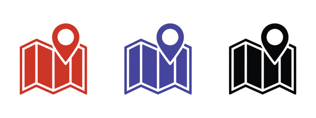 Map icons with location pin symbols in modern flat vector style for navigation, GPS tracking, wayfinding, and geographic mapping applications. © ARIF AHMED 04