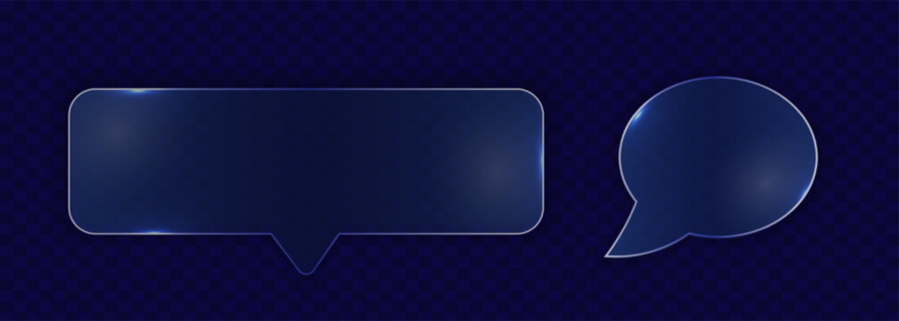  Glass Morphism UI chat bubble kit with glossy transparent panels, speech boxes and message balloons. Trendy Futuristic Interface elements for app design, website layout, dashboard, digital. Vector