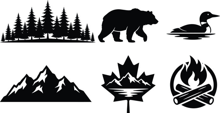 Canadian wilderness icons with forest bear loon mountains maple leaf and campfire symbols