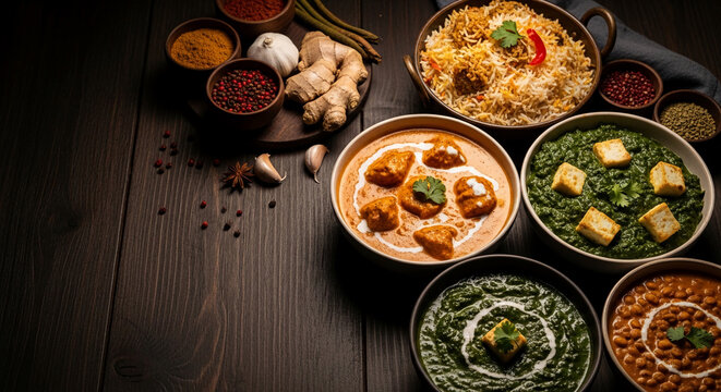 An array of colorful Indian dishes including biryani, curries, and spices, presented on a dark wooden surface, symbolizing rich flavors and culinary tradition