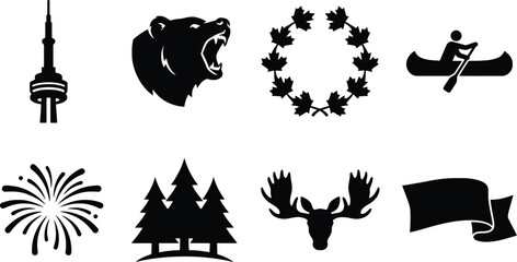 Naklejka premium Collection of Canadian Icons in Silhouette with Toronto Tower and Moose During Festive Celebration