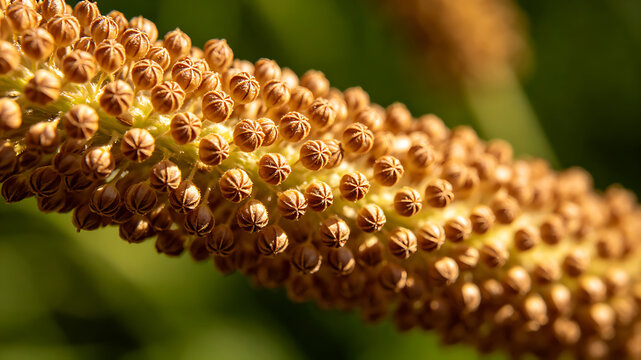 plantago. Extreme close-up of a plantago plant's spike covered in tiny brown seeds. gardening catalogs, home-decor guides, designed for gardening and botanical catalogs, used by art directors.