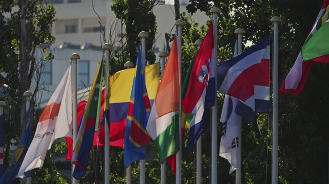 Waving flags from different countries in a city setting during a sunny day