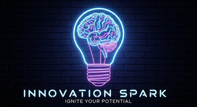 Neon brain lightbulb on brick wall, symbolizing innovation, ideas, and potential, with text overlay