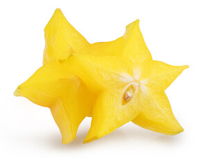 Fototapeta premium Two slices of star fruit or carambola isolated on white background with clipping path.