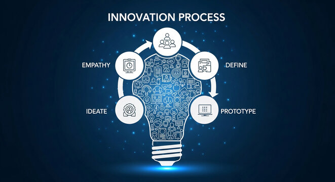Illustration of the innovation process with a lightbulb filled with icons, symbolizing idea generation, and stages like empathy, define, prototype, and ideate
