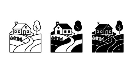 Naklejka premium Rural Landscape Icons: Farmhouse, Tree, Fence, Winding Path Scenes, Vector Set for Countryside Graphics