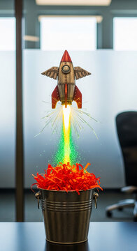 Retro rocket launching with fiery exhaust from a bucket of shredded paper, symbolizing startup, innovation, and progress