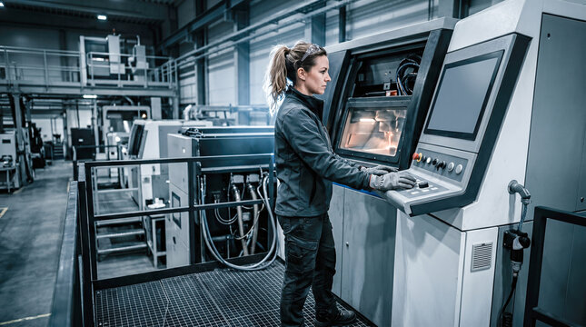 Professional female industrial engineer wearing safety glasses operating advanced heavy manufacturing machinery using touchscreen control panel inside large modern automated factory workshop