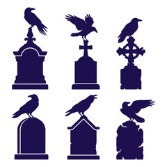 Obraz premium Spooky black ravens sitting on tombstones vector illustration