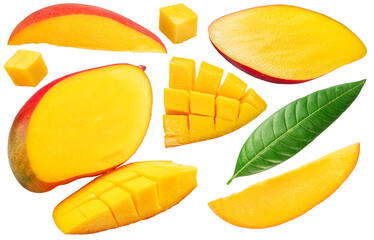 Obraz premium Collection of mango fruit slices with mango leaf isolated on white background. File contains clipping paths.