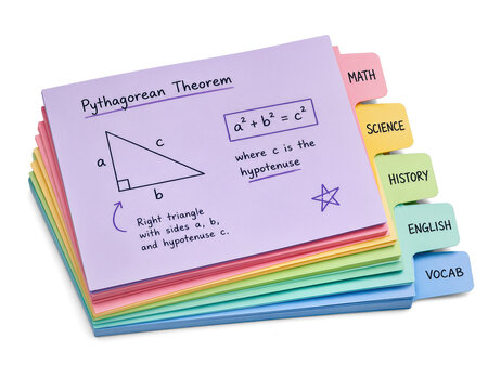 Colorful study flashcards for various subjects with the Pythagorean theorem