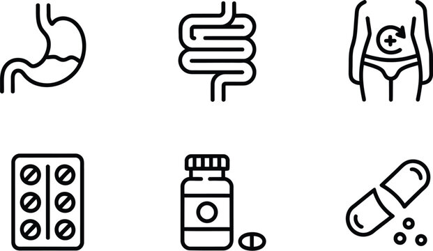 Digestive health and medicine vector icon set featuring stomach intestines human body metabolism blister pack pill bottle and open capsule.