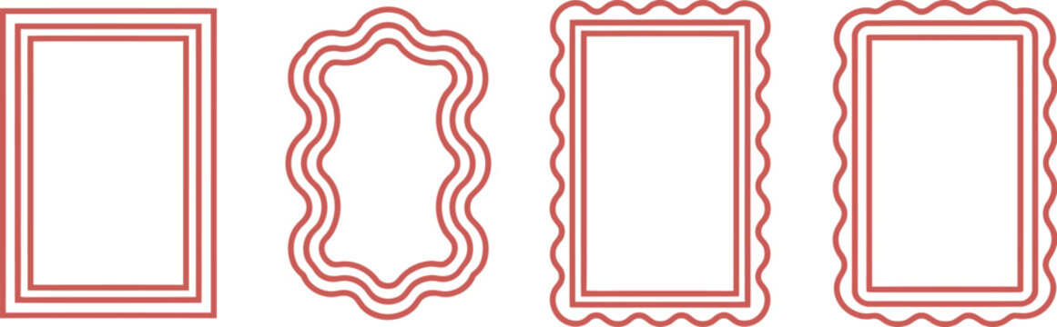 Red linear frame vector icon set with rectangular decorative wavy scalloped and straight borders for certificates invitations or labels design.