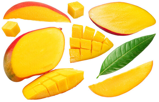 Collection of mango fruit slices with mango leaf isolated on white background. File contains clipping paths.
