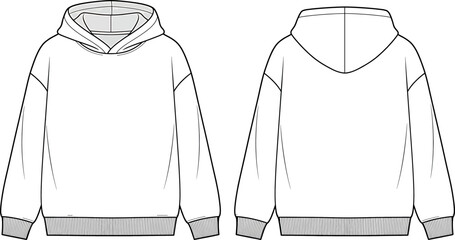 Technical sketch of an oversized hoodie with a hood and ribbed cuffs and hem, front and back view © SampaRani