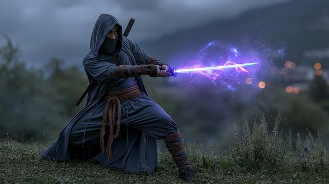 Outdoor adventure explore. A dramatic portrayal of a warrior in a hooded robe, wielding a glowing blue lightsaber. The warrior stands in a grassy field.