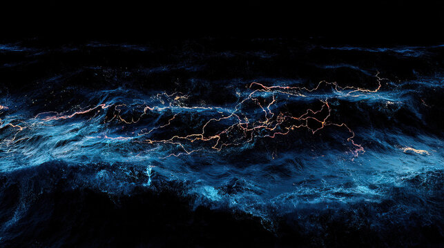 Deep blue ocean waves with glowing cracks beneath the surface, hinting at volcanic activity.
