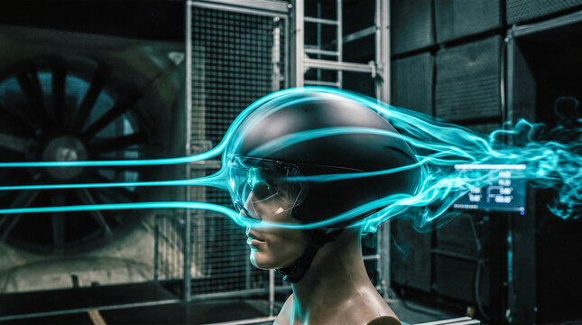 Protective black motorcycle helmet worn by test dummy inside dark wind tunnel demonstrating aerodynamic performance using glowing bright blue futuristic airflow streams